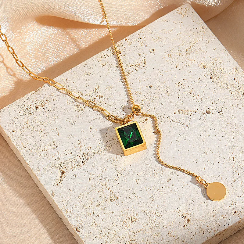 Trendy Square Stainless Steel Green Zirconia Pendant Necklaces For Women Girls Gold Color Metal Round Drop Jewelry Birthday Badiee Stylez