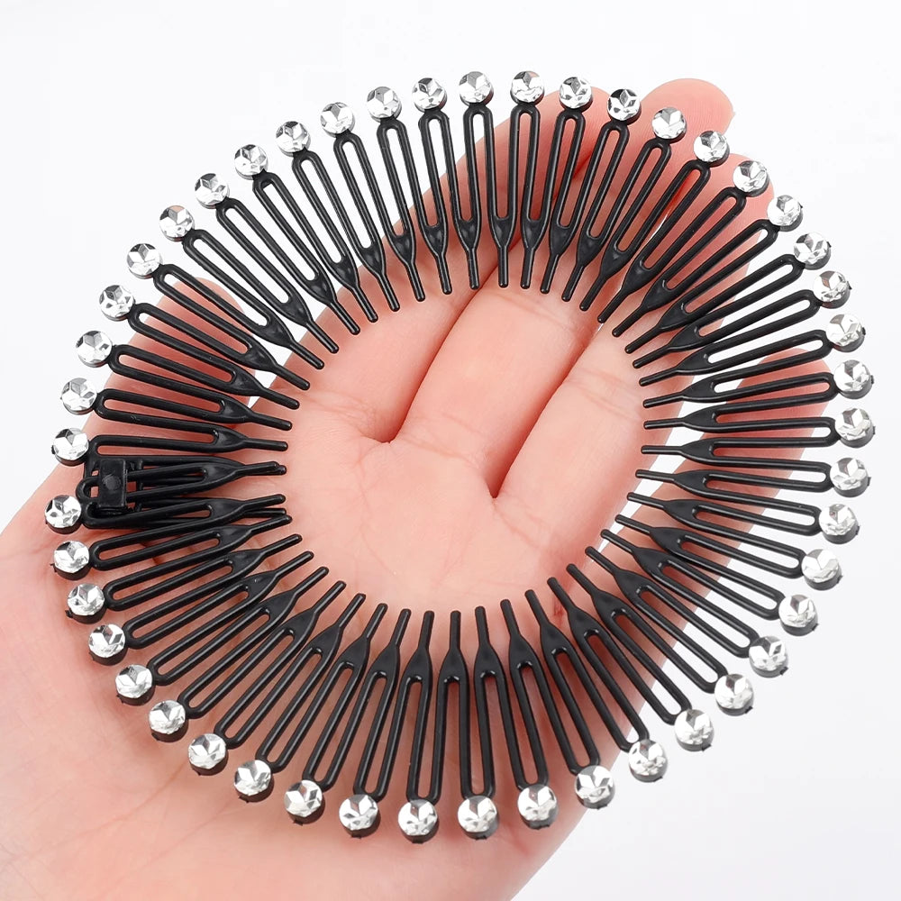 Rhinestone Plastic Full Circle Stretch Diamond Flexible Comb Women Girl Flexible Plastic Circle Teeth Hair Accessories Wholesale
