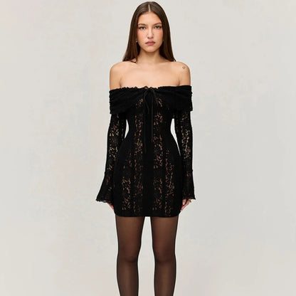 Suninheart White Off The Shoulder Autumn Bodycon Dress 2025 Long Sleeve Elegant Lace Maxi Dress Wedding Guest Dress for Women mini black