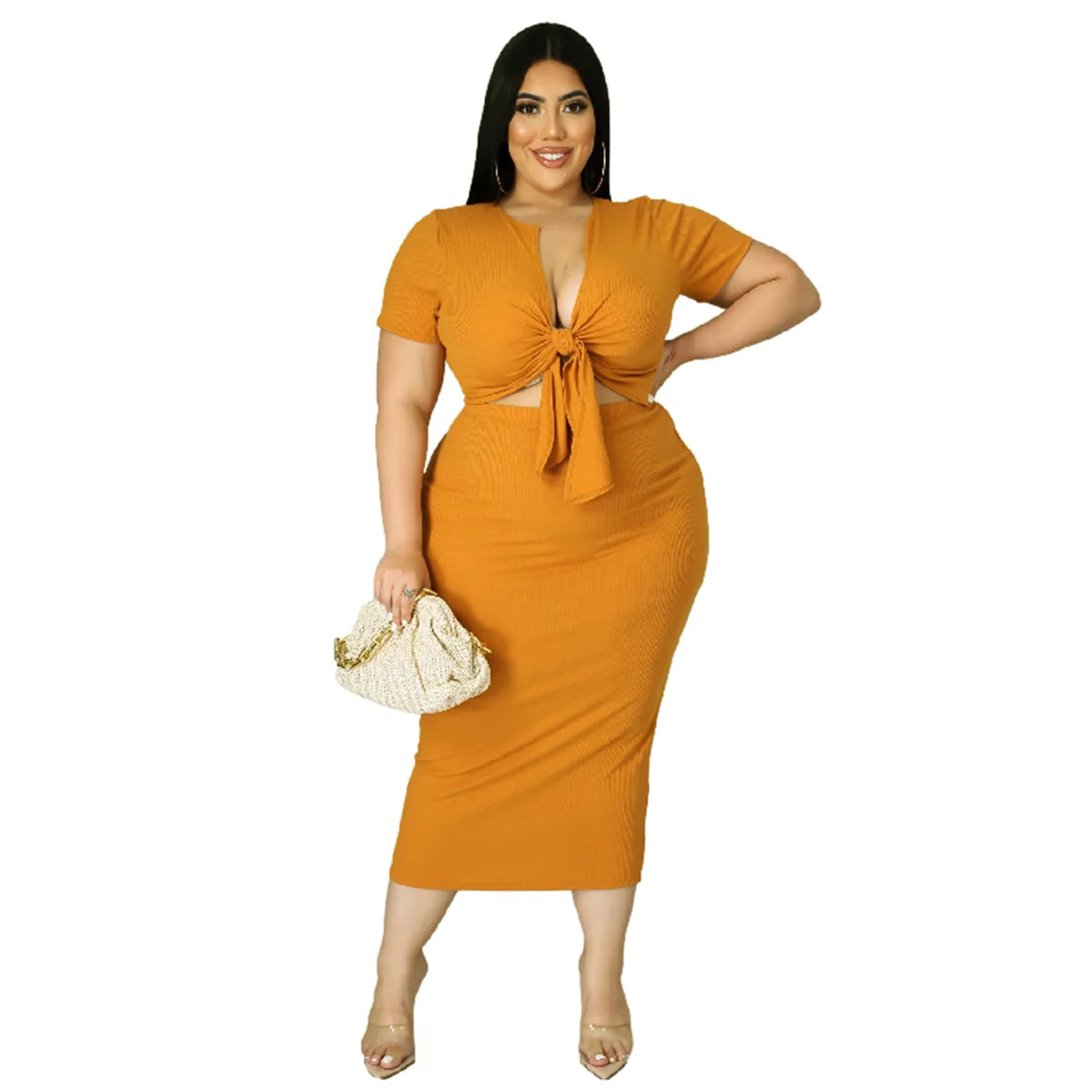 Plus Size New Arrival Fashional Women's Top and Skirt Suit Big Size V Neck Short Sleeve Casual Top ansd Skirt Set For Women