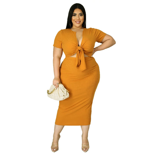 Plus Size New Arrival Fashional Women's Top and Skirt Suit Big Size V Neck Short Sleeve Casual Top ansd Skirt Set For Women