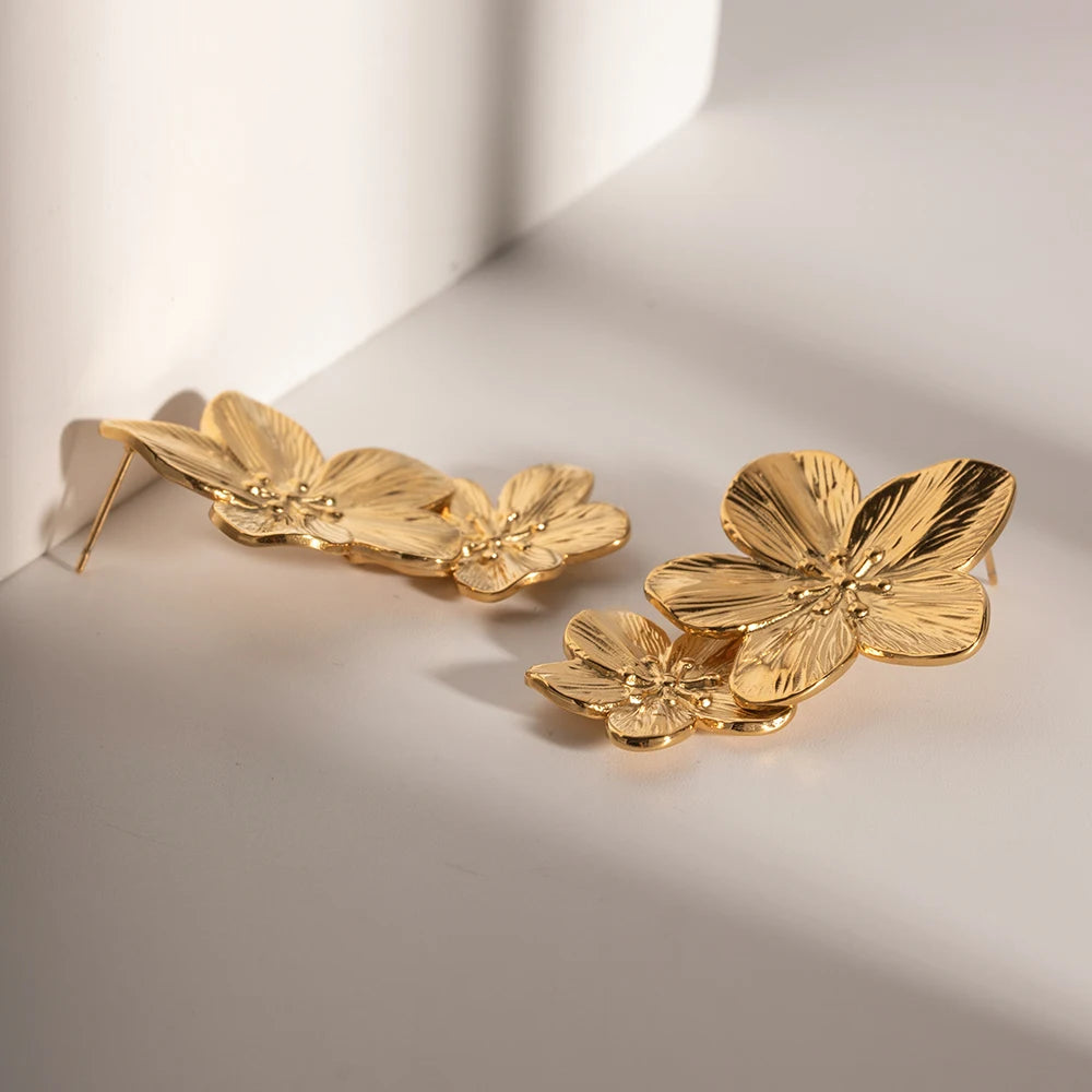Tarnish Free Vintage 18K Gold Plated Stainless Steel Flower Drop Earrings Metal Waterproof Statement Stylish Exaggerated