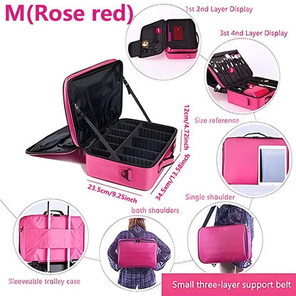 Professional Makeup Case Female Travel Big Capacity Beauty Nail ToolBox Cosmetic Organizer Suitcases For Makeup Storage Boxs M(Rose Red)
