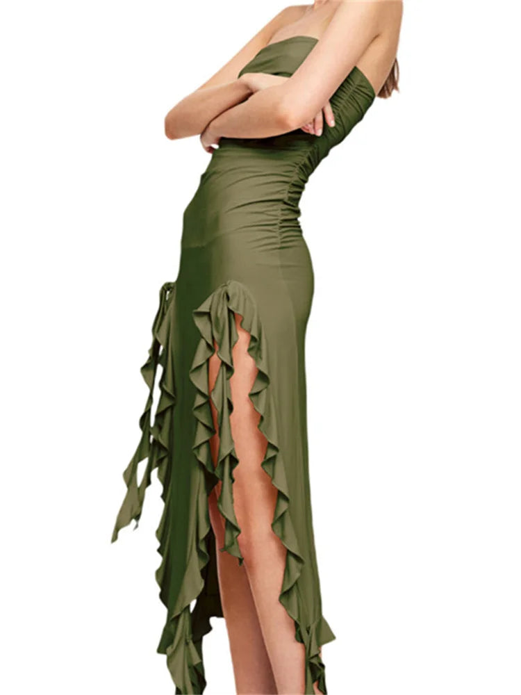 Sexy Strapless Off Shoulder Midi Dress Women Ruffles Split Beach Dress 2024 Summer Slim Fit Party Female Vestido