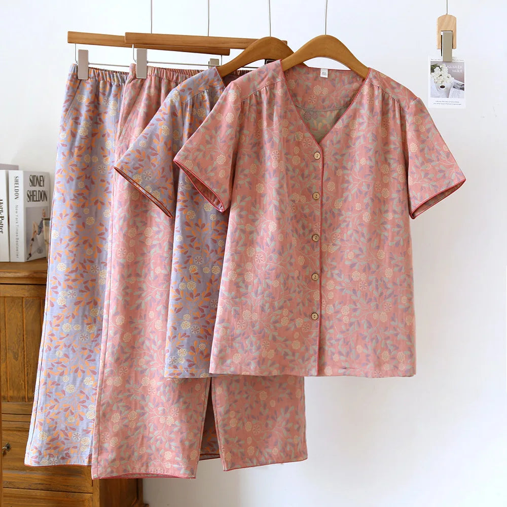 2025 Spring/Summer New Women's Pajama Set 100% Cotton Short Sleeve+Capris Two Piece Set for Large Flower Thin Home Furnishing