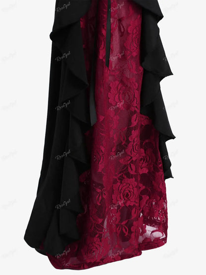 ROSEGAL Plus Size Gothic Lace Panel Lace-up Ruffle Flare Pant Women Streetwear Elastic Waist Pull On Pant Colorblock Bell Bottom