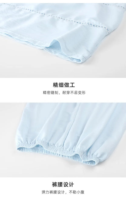 Women's Sexy Pajamas Set V-Neck Strap Suit Elegant Minimalist Faux Cotton Bow Sleeveless Top Long Pants Sleepwear Bra Pads