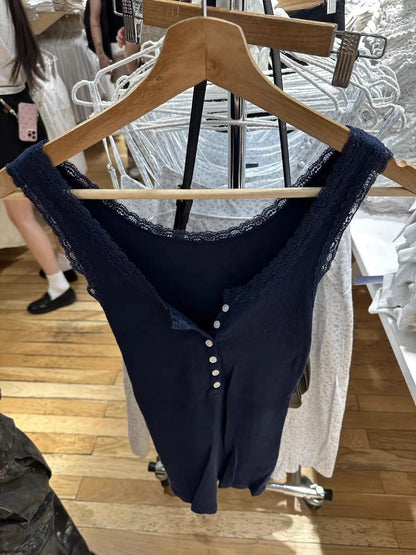 Lace Trim Solid Ribbed Tank Top for Woman Spring Buttons U Collar Sleeveless Slim Camis Simple Cotton Basic Vest Sweet Y2k Tops