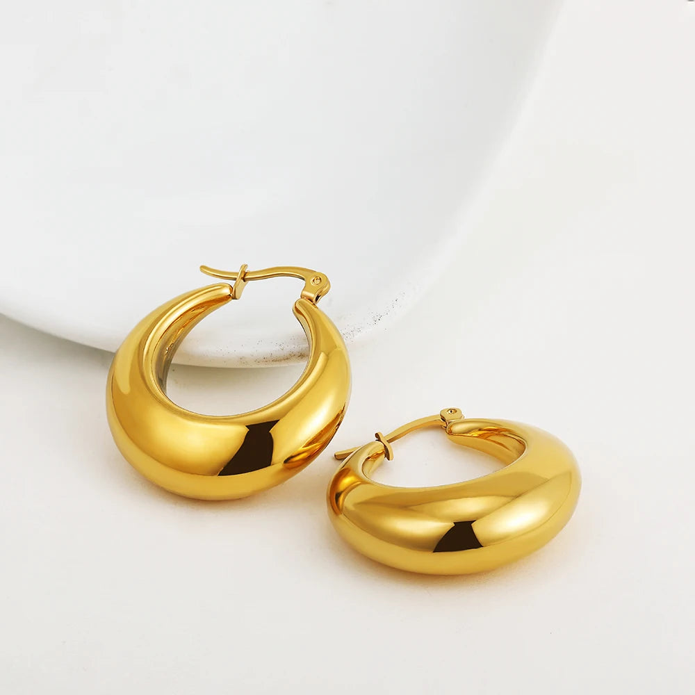 Fashion Glossy Stainless Steel Chunky Hoop Earrings for Women Gold Plated Thick Texture Geometric Circle Earring Vintage Jewelry 22649