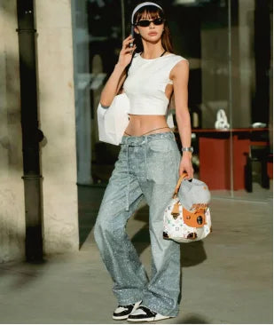 Street fashion retro design jeans Y2K rhinestone sequins retro blue loose men's and women's jeans high waist wide-leg trousers