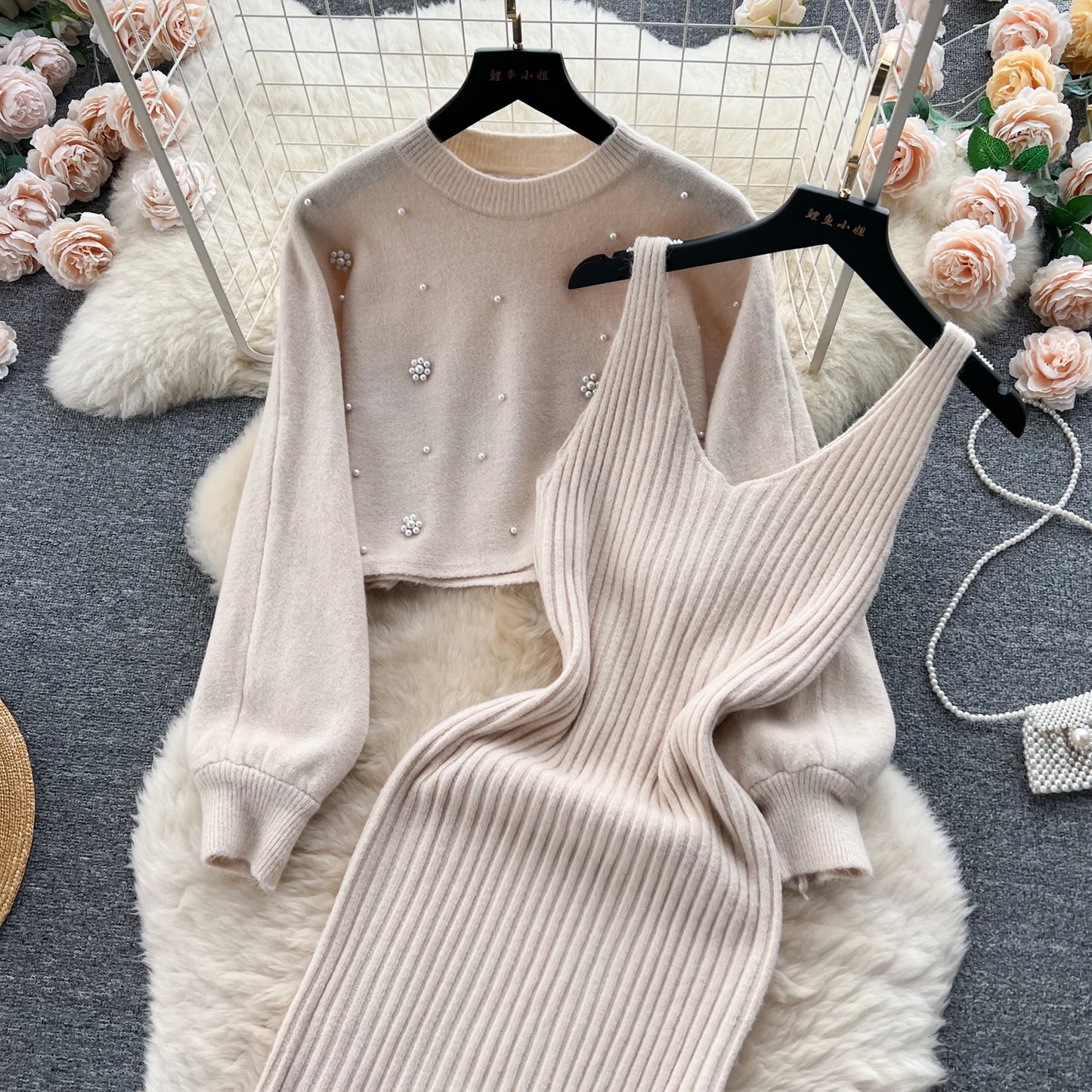 SINGREINY Beading Casual Two Piece Set Women Long Sleeve O Neck Pullover Midi Dress Fashion 2023 Winter Sweater Suit Dresses Badiee Stylez
