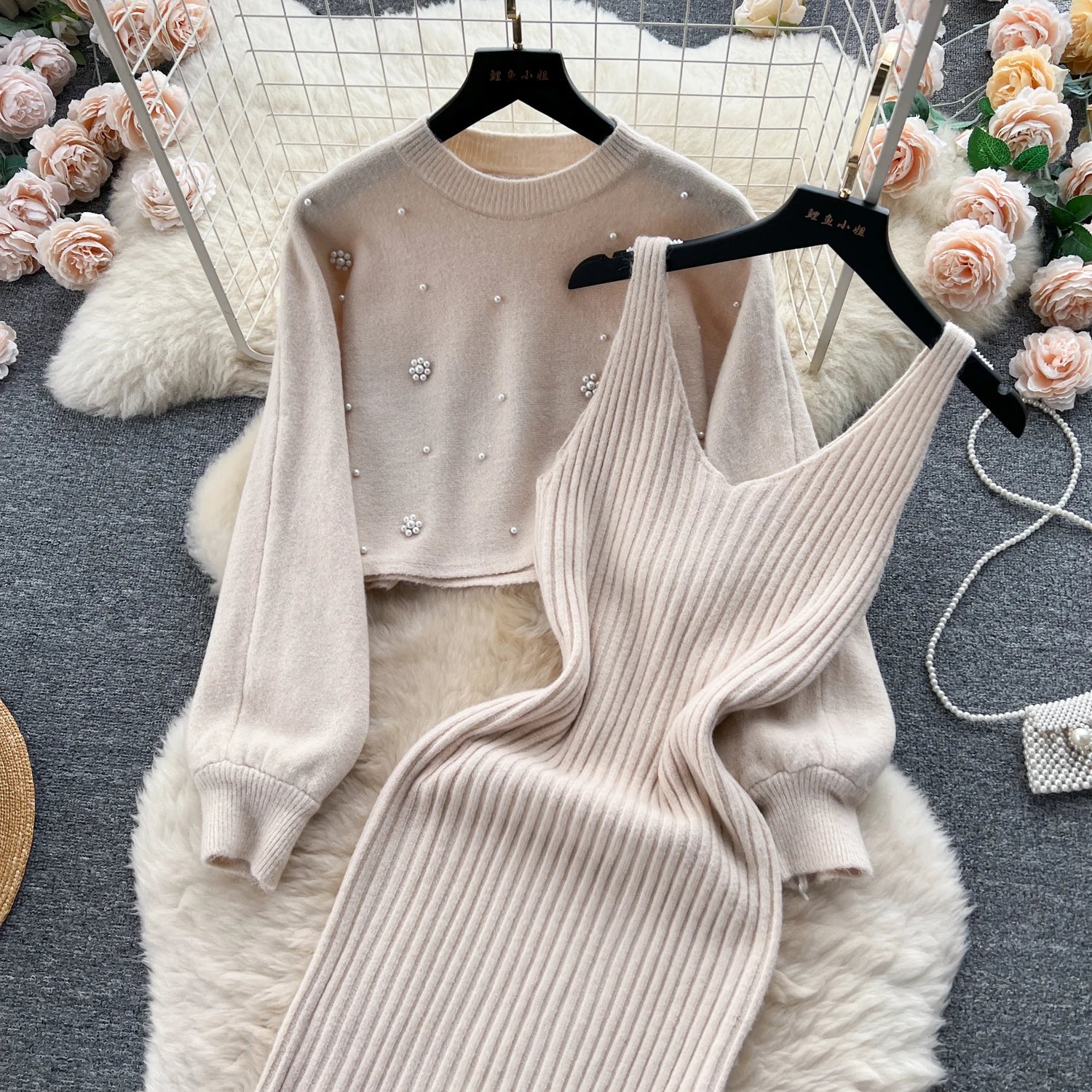 SINGREINY Beading Casual Two Piece Set Women Long Sleeve O Neck Pullover Midi Dress Fashion 2023 Winter Sweater Suit Dresses Badiee Stylez