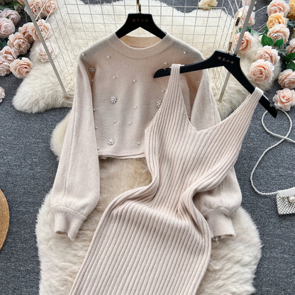 SINGREINY Beading Casual Two Piece Set Women Long Sleeve O Neck Pullover Midi Dress Fashion 2023 Winter Sweater Suit Dresses Badiee Stylez