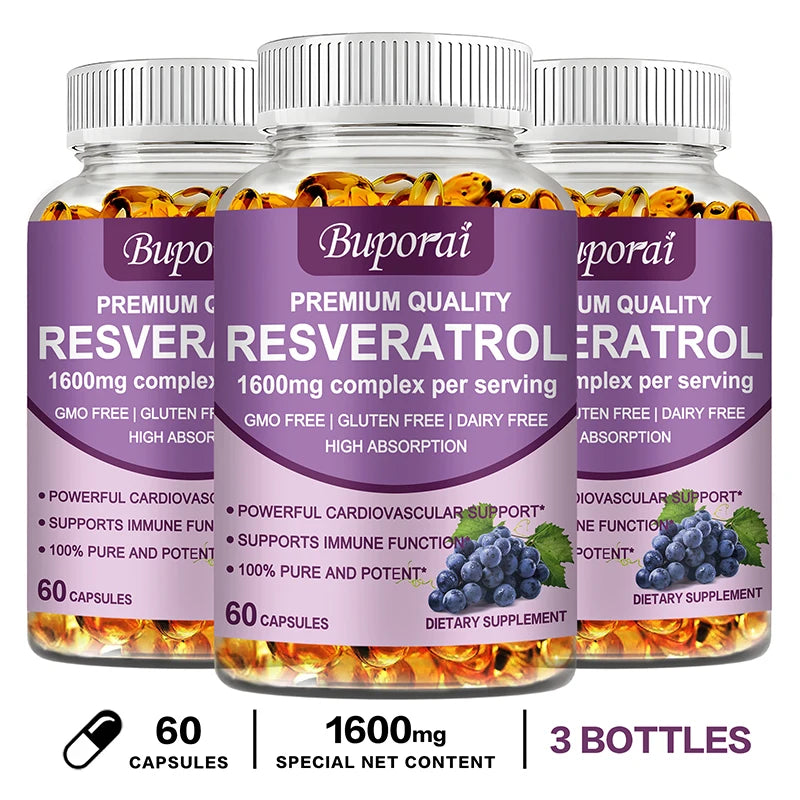 Resveratrol Capsules - Antioxidant Supplement for Heart and Cell Health, Supports Healthy Skin and Immune System 60 Capsule-3bottles