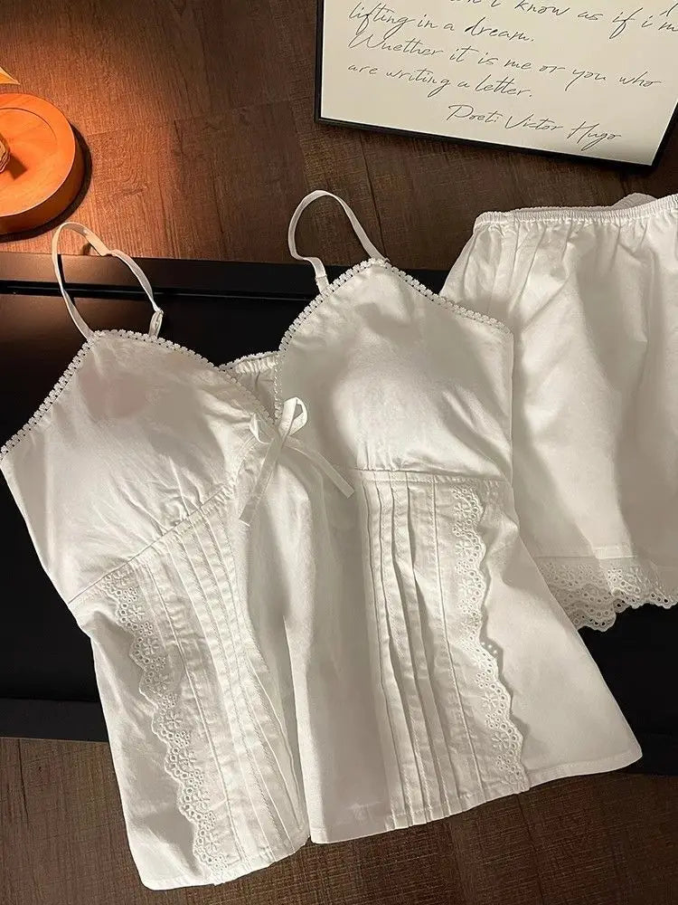 Lace Sleepwear Women Pajama Sets Spaghetti Strap Piiama Shorts Sets 2 Pieces Korean Night Wears Summer Cute White Home Suit 2025