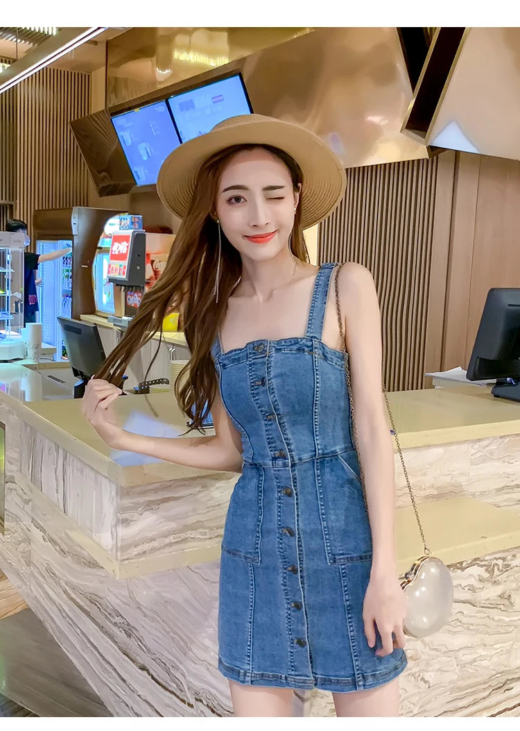 Denim Dress Summer Spaghetti Strap Sundress Vintage Casual Solid Retro Chic Sexy Jeans Button Front Blue Party Dress Women 2022