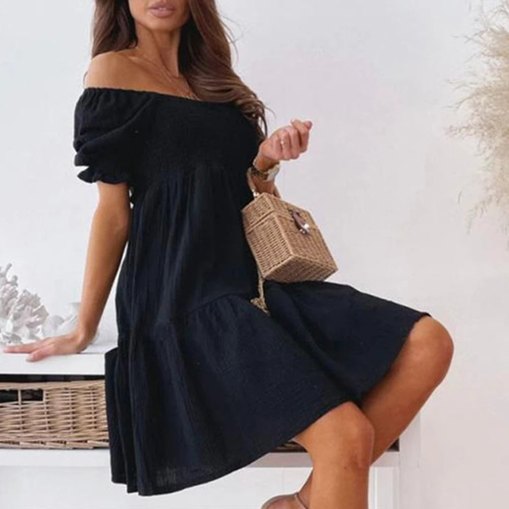New Short Sleeve Off The Shoulder High Waist A-Line Pleated Dress Sexy Club Outfits Solid Color Summer Dress Women 2025