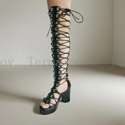 Summer Sexy Women Over Knee High Sandals Fashion Thick Heel Cross Straps Back Zipper Gladiator Shoes Holiday Party Shoes Dress