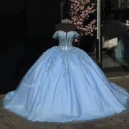 BOMARIS Blue Ball Gown Quinceanera Dresses Off-Shoulder Glittering Lace Vestidos De 15 Anos Birthday Party Princess Customized Badiee Stylez