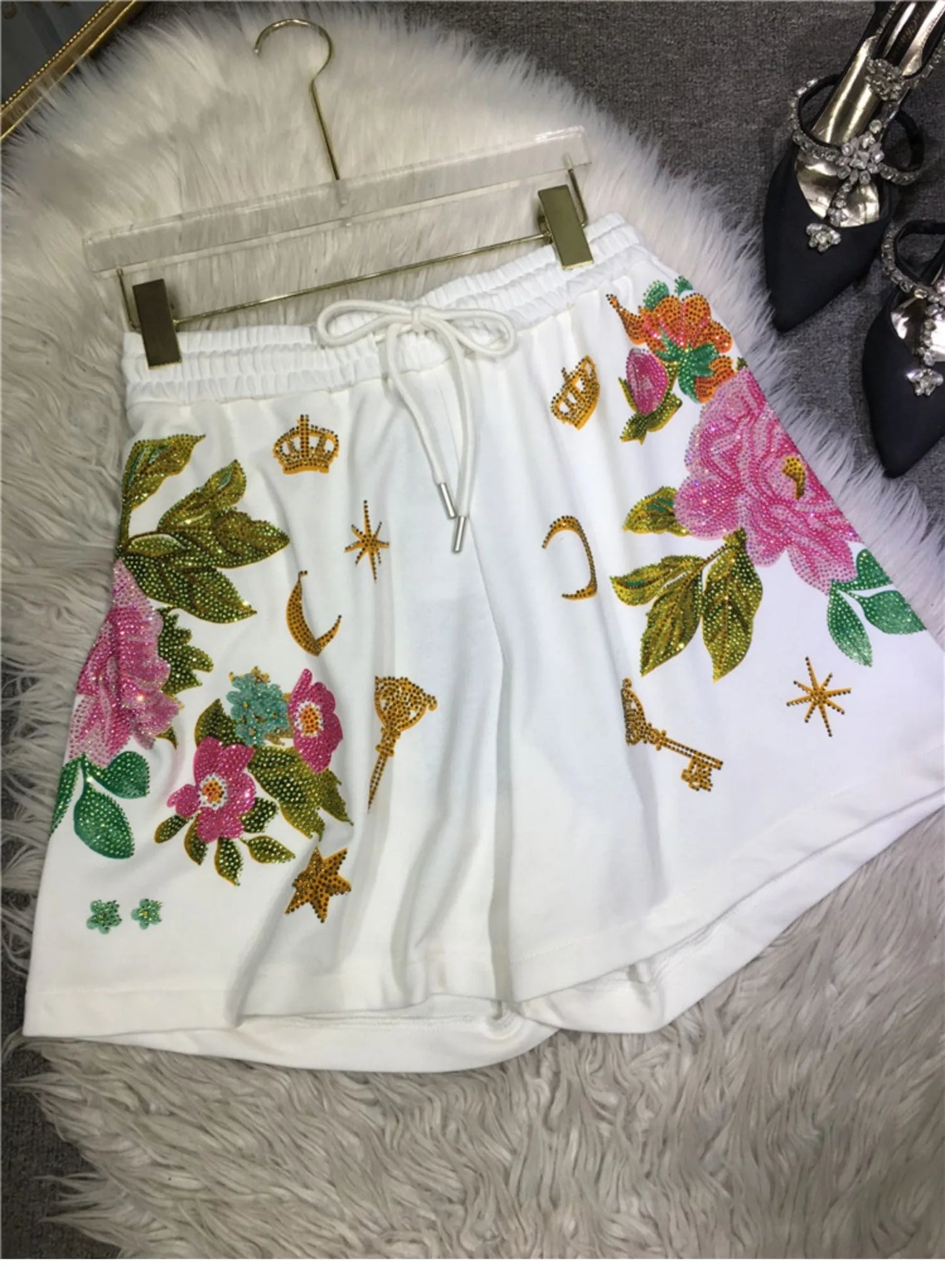 Oversized rhinestone diamond high-waisted black adjustable waist wide leg slacks Women's shorts