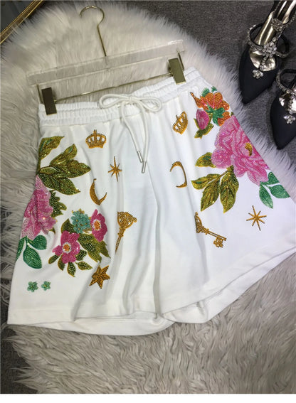 Oversized rhinestone diamond high-waisted black adjustable waist wide leg slacks Women's shorts