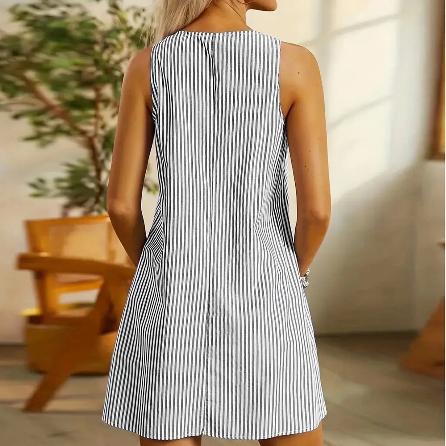 Summer Fashion Stripped Patchwork Commuting U-Neck Sleeveless Pockets Back Button Casual Straight Slimming Mini Dress For Women Badiee Stylez