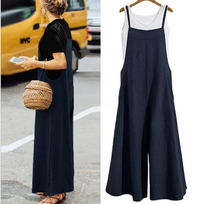 Women Straps Jumpsuit Summer Solid Color Wide Leg Pants Dungaree Bib Overalls Casual Loose Sleeveless Cotton Linen Jumpsuits 5Xl Badiee Stylez