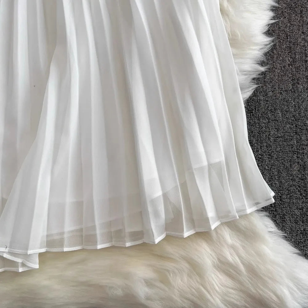 Summer Elegant Crochet Lace Patchwork Chiffon Pleated Dress Women's Short Sleeve Hollow Out Flower Buttons Belt Runway Vestidos