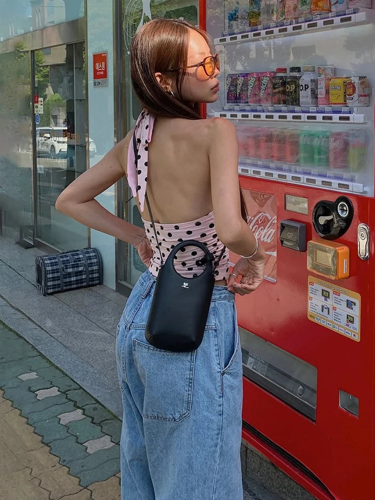 weird Puss Polka Dot Print Vest Women Y2K Lace-Up Backless Halter v-Neck Skinny Summer Trend Daily Street Basic Chic Tank Tops