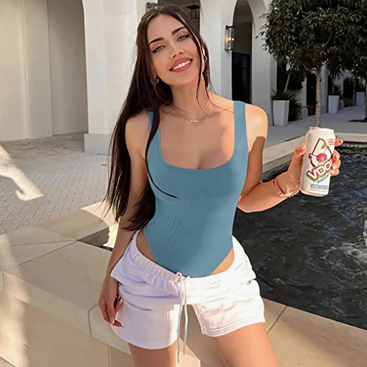 White Sports Tank Top Women Scoop Neck Off Shoulder Body Top Streetwear Ribbed Bodysuits Suit Slim Clothes Catsuit Clothing Sea blue
