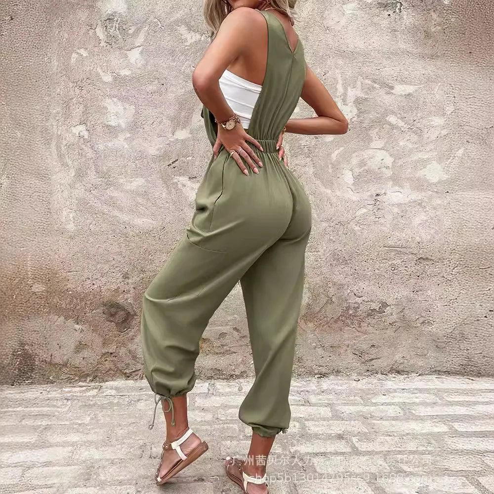 Jumpsuits Women One Piece Cargo Pants Casual Long Pant Overalls Suspenders Lace Up Tight High Waist Sleeveless Rompers