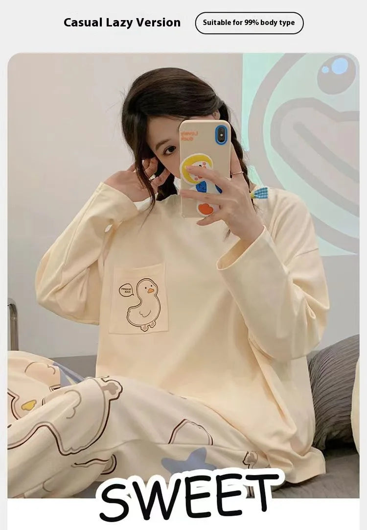 Spring and Autumn New Women's Thin Section Pajamas Homewear Suit Girls Summer Long-Sleeved Homewear Plus Size Cartoon Loose Suit