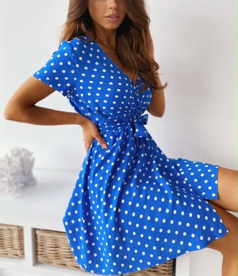 Summer Women's Polka Dot Printed Short Sleeved Casual Dress Fashionable V-neck Belt Commuting Dress Holiday Party Women's Dress Blue