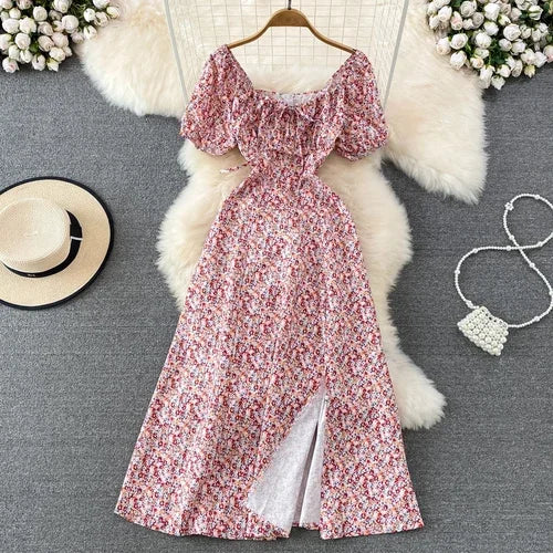 Summer Vintage Dress Blue Floral Summer Bubble Sleeve Tie Up Sexy Dresses Women A-line Print Split Long Dress Elegant Vestidos Red