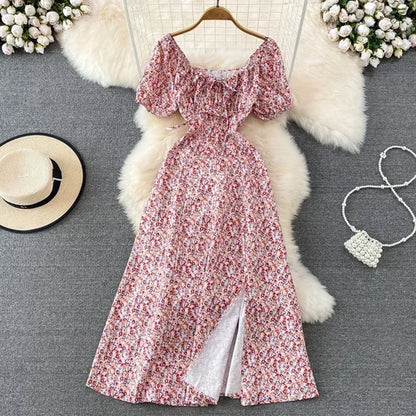Summer Vintage Dress Blue Floral Summer Bubble Sleeve Tie Up Sexy Dresses Women A-line Print Split Long Dress Elegant Vestidos Red