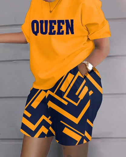 Women Casual Short Sleeve Outfit 2024 Summer Fashion Letter Printed O Neck Pocket Suit Female T Shirt Top Shorts Two Pieces Set