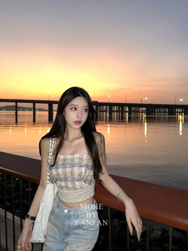 Sexy Camis Plaid Chic tube top Slim Korean Tanks Top Sleeveless Elegant Crop Top Summer Women Bustier