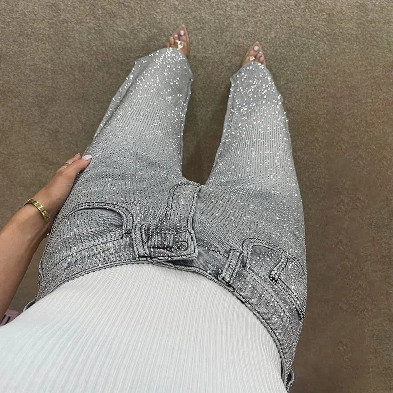 Y2k Women Shiny Rhinestone Denim Pants Wide Leg Straight Full Diamond Jeans for Female Dragging High Street Outwear Trousers