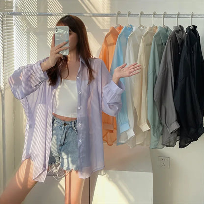 Semi Sheer Long Sleeve Shirt for Women Shimmer Button Down Collared Plain Lightweight Shirt Spring Summer Chic Tops Outfit