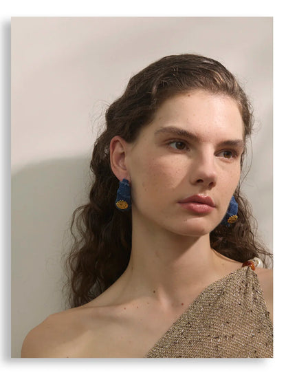 Yhpup Creative Blue Denim Flower C Shape Hoop Earrings Women Stainless Steel Popular Jewelry Autumn & Winter New 2025 Wholesale