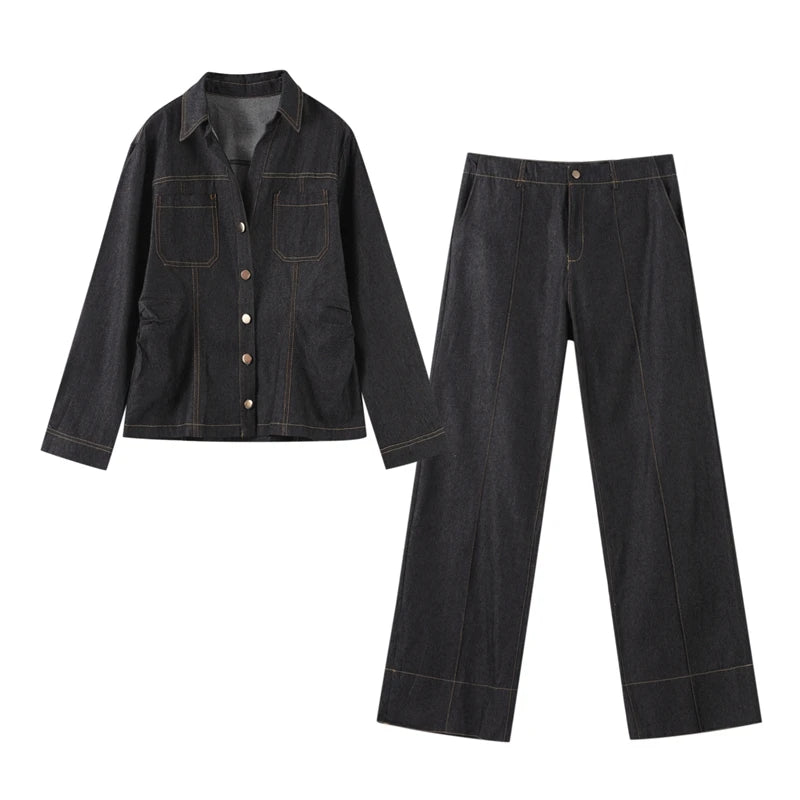 Street Vintage Denim Pants Sets Women Slim Long Sleeve Lapel Single Breasted Jacket Straight Trousers 2025 Autumn Lady Outfits