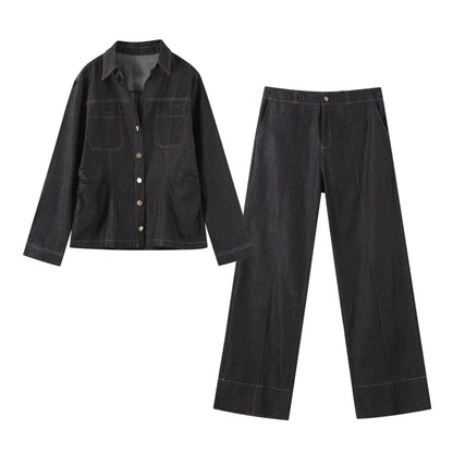 Street Vintage Denim Pants Sets Women Slim Long Sleeve Lapel Single Breasted Jacket Straight Trousers 2025 Autumn Lady Outfits