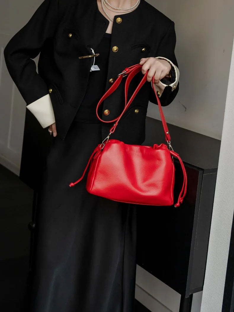 Ladies' New Premium Full-Grain Wrinkled Leather Crossbody Bag - Women's Chic Shoulder Commuter Bag with Organizer Pockets