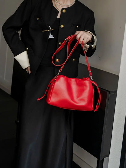 Ladies' New Premium Full-Grain Wrinkled Leather Crossbody Bag - Women's Chic Shoulder Commuter Bag with Organizer Pockets