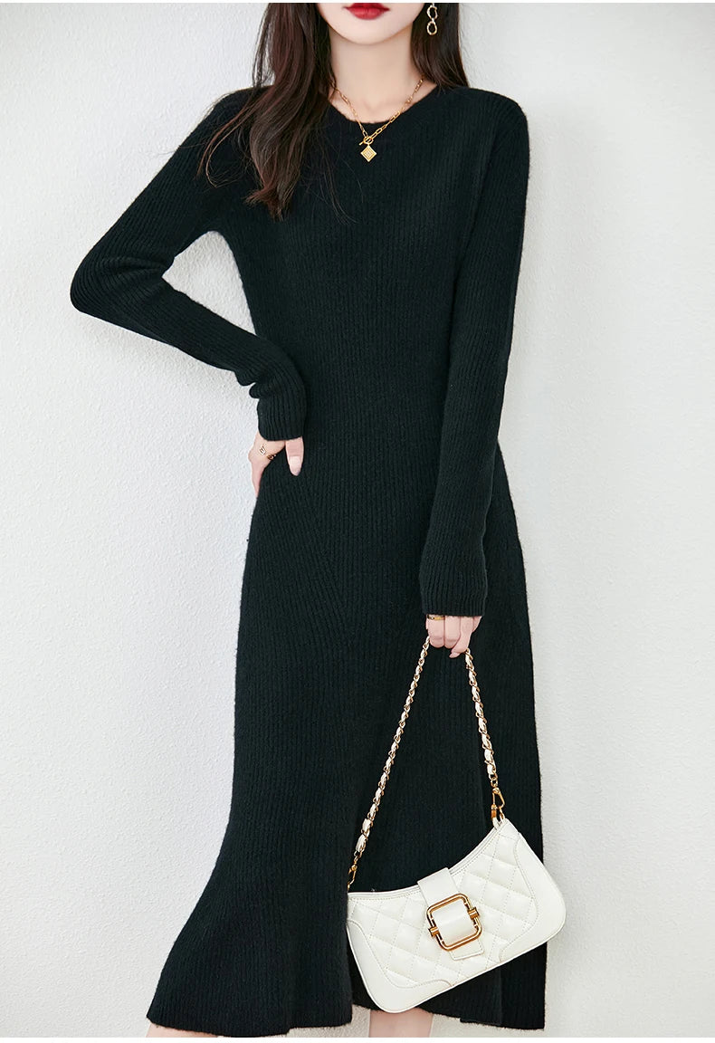 Women's Pure Wool Knitted Long Dress, Round Neck, Fishtail Skirt, Slim, Elegant, Casual, Fashionable, Sweater, 2024Autumn/Winter Badiee Stylez