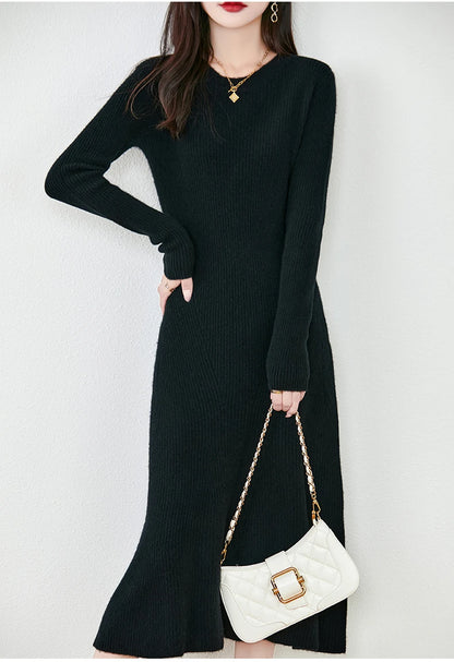 Women's Pure Wool Knitted Long Dress, Round Neck, Fishtail Skirt, Slim, Elegant, Casual, Fashionable, Sweater, 2024Autumn/Winter Badiee Stylez