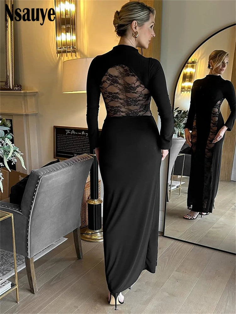 Nsauye Sexy Hollow Out Backless Lace Patchwork Slim Maxi Dresses For Women 2025 Autumn Winter Long Sleeve Long Dress Club Party