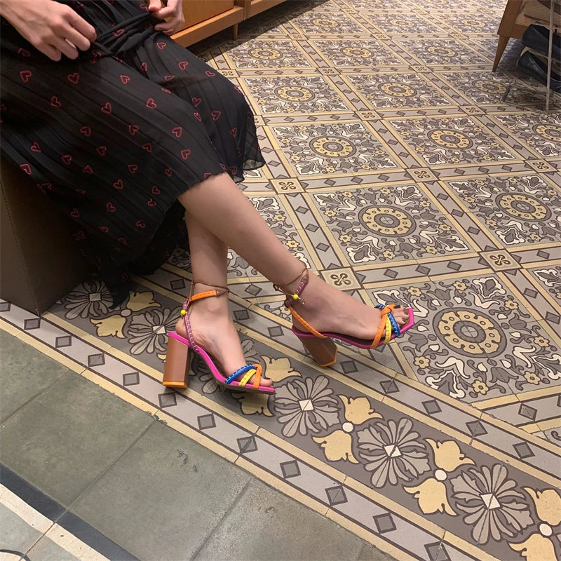 European and American square toe color-blocking thick sole, ethnic style fashion versatile strap high-heeled sandals for women.