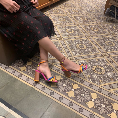 European and American square toe color-blocking thick sole, ethnic style fashion versatile strap high-heeled sandals for women.