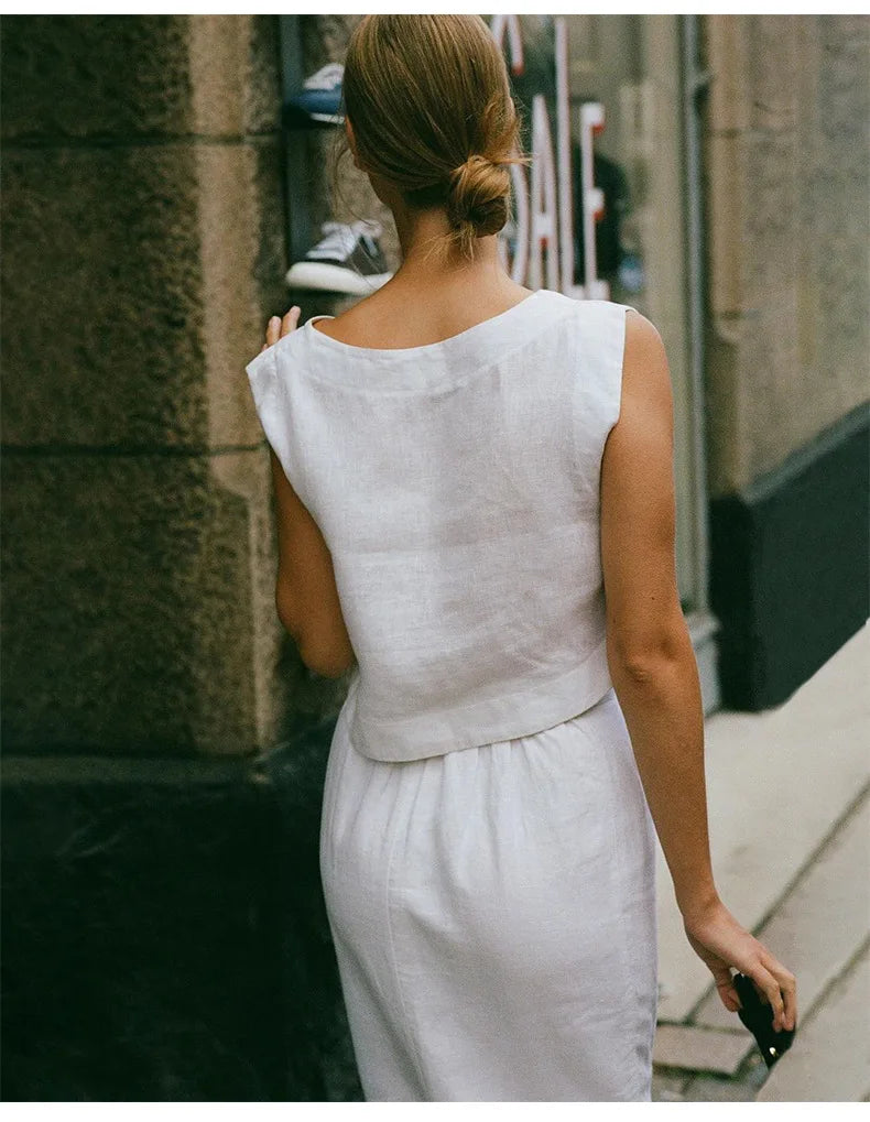 Summer New 100% Linen Sleeveless Crop Top Women's Loose Casual Solid Color Cute Tops Round Neck Minimalist Short T-Shirts